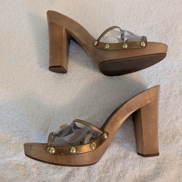 Coach Cagney Clear Bronze Gold Wooden Sz.7.5 Platform Slip-On Heels - Picture 10 of 13